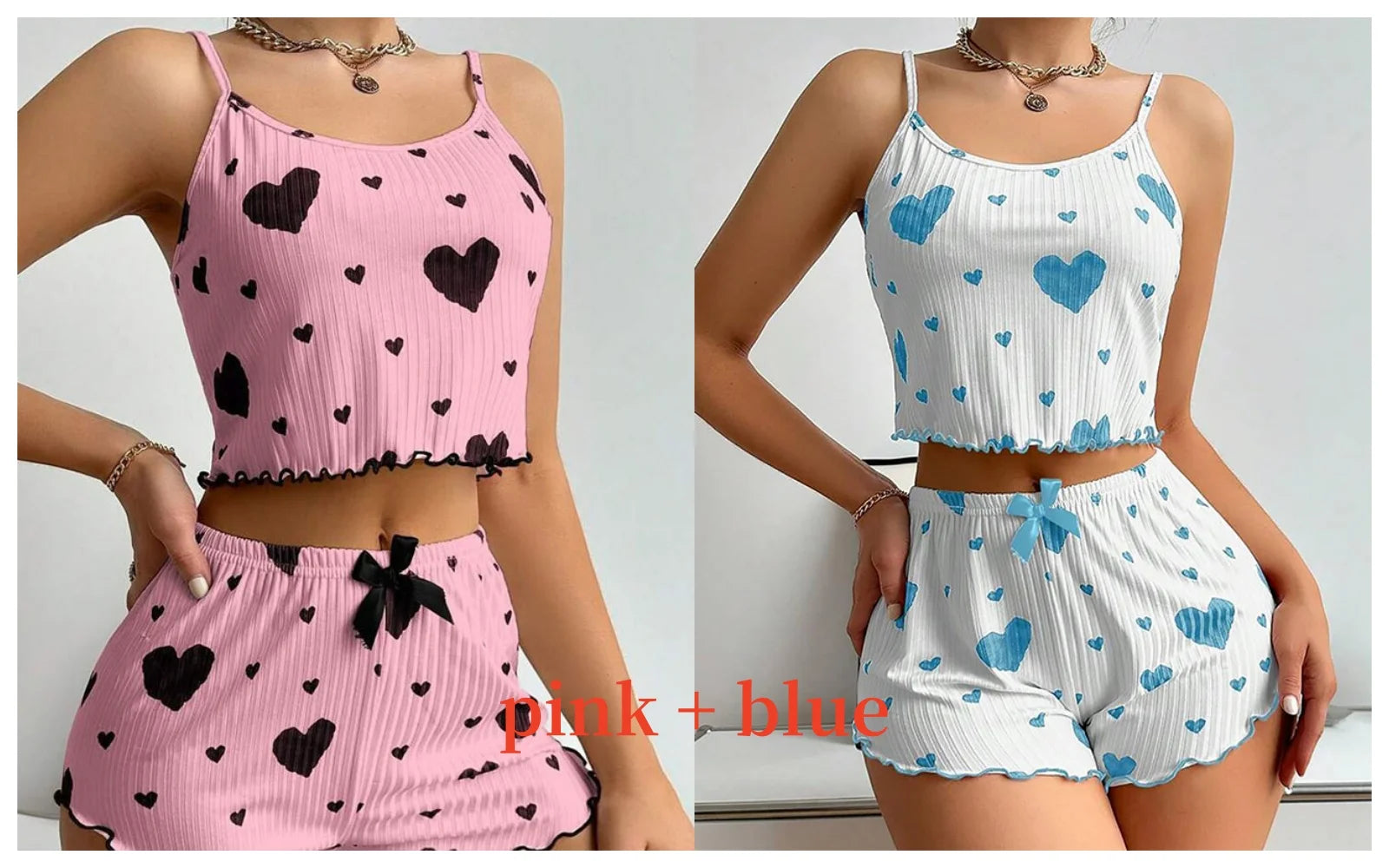 Women’s Heart-Print Pajama Set – 2-Piece Cami Top & Shorts - 3KDyn